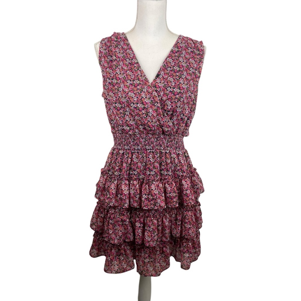 1.State | Pink Navy Floral Tiered Skirt V Neck Dress